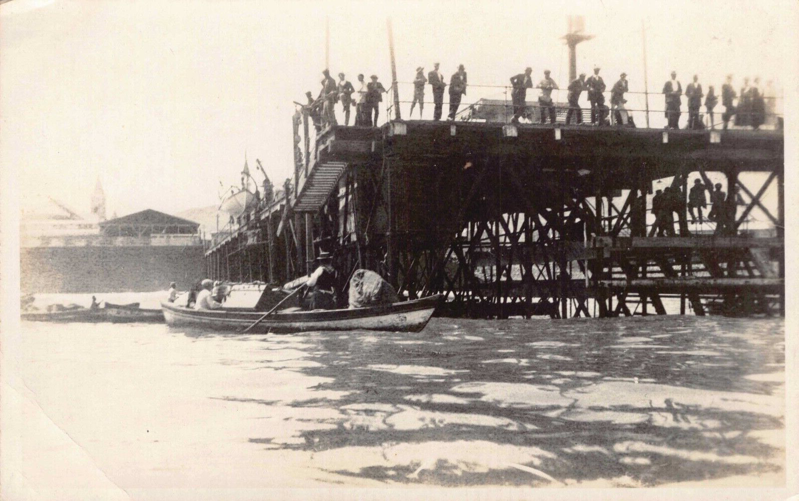 VTG RPPC Photo Postcard Taltal Chile Pier Dock Boat People Men South America