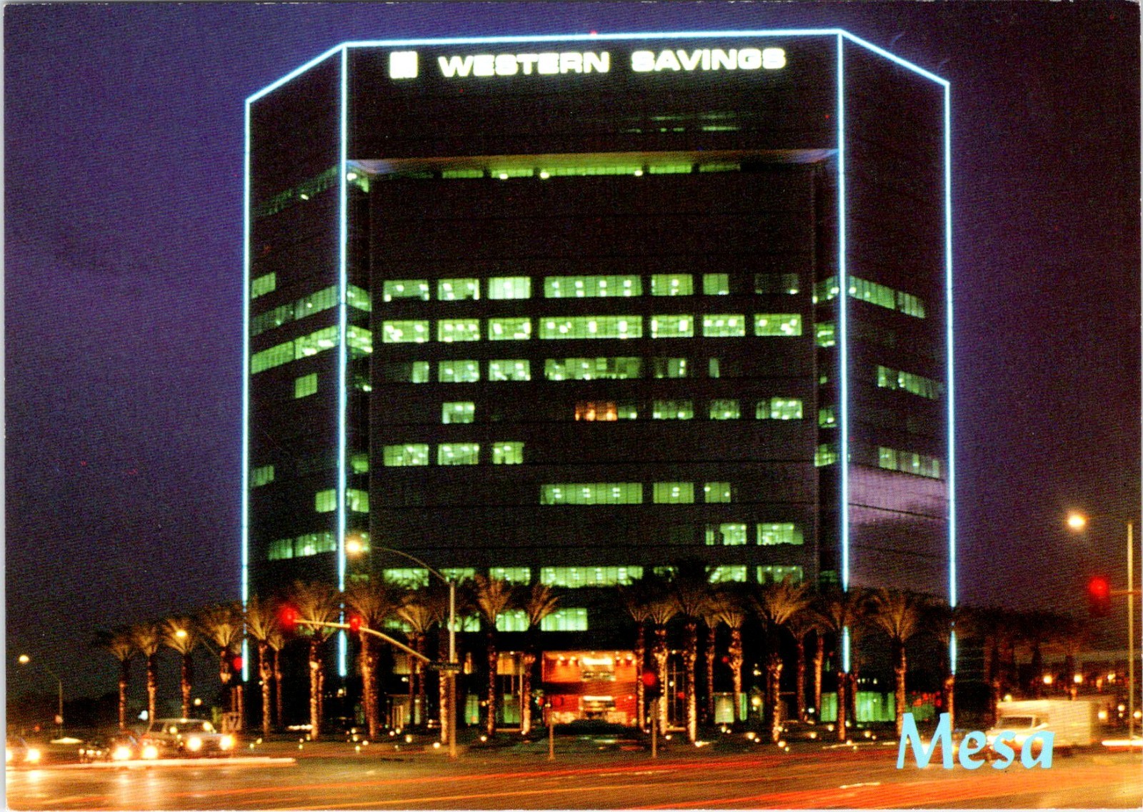 Mesa AZ Arizona WESTERN SAVINGS BANK~Night View 4X6 Financial Building Postcard