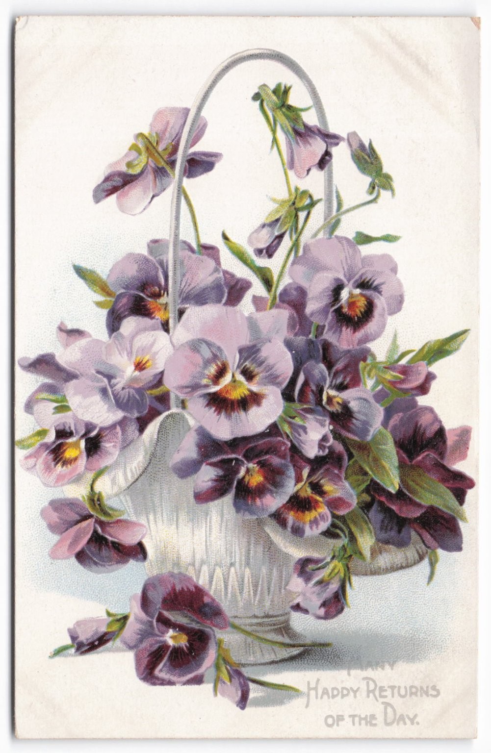 VTG Raphael Tuck’s Pansies Basket “Happy Returns of the Day” Embossed Postcard