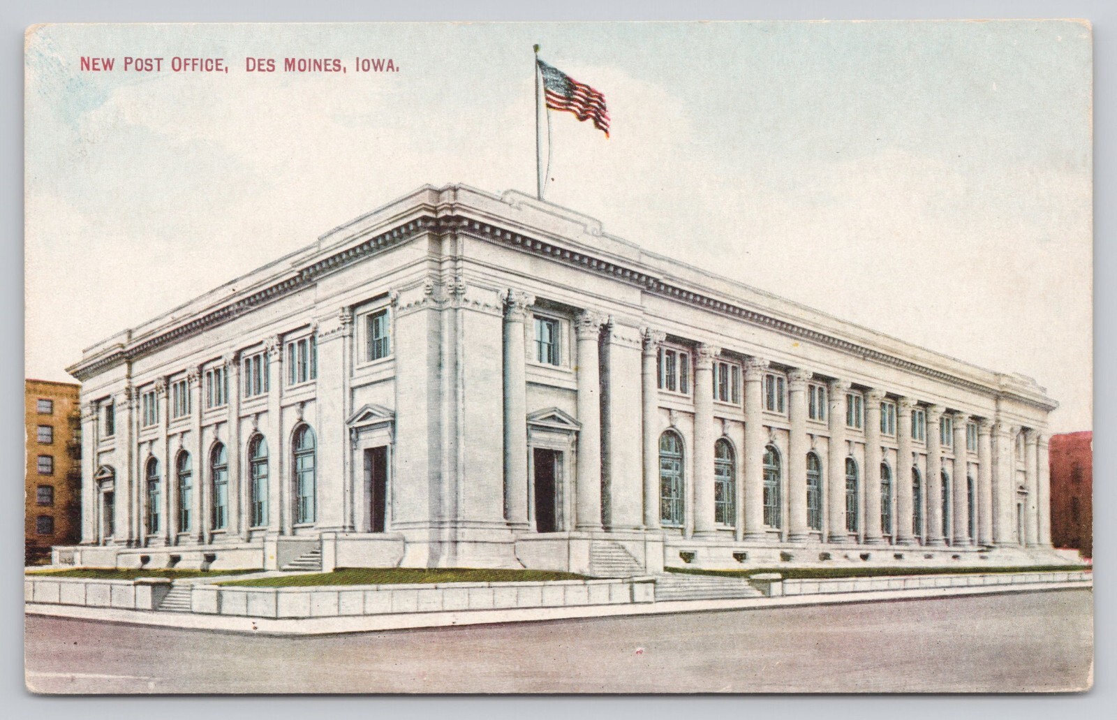 U. S. Post Office Building Flag Des Moines Iowa IA Postcard
