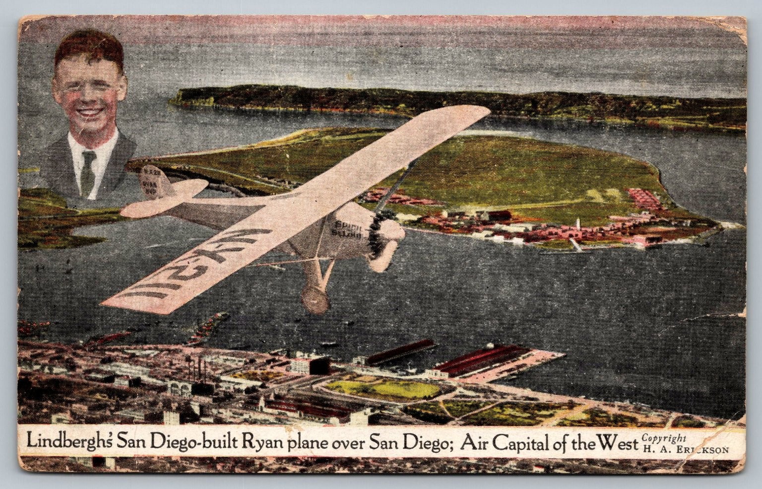 Vintage Lindbergh San Diego Ryan Plane Postcard Air Capital of the West 1930s