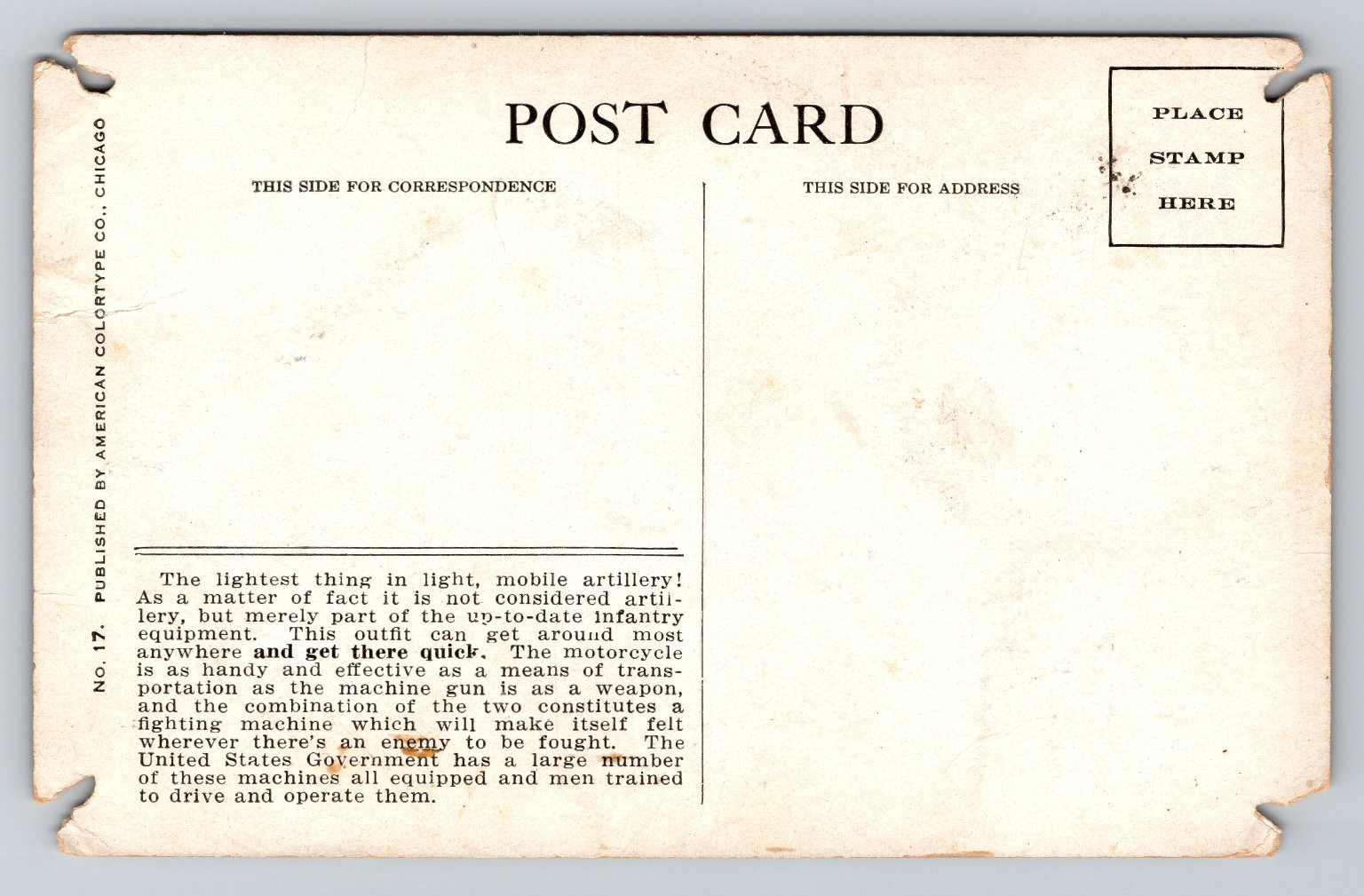 WWI Era Motorcycle Machine Gun Military Postcard American Colortype Co.