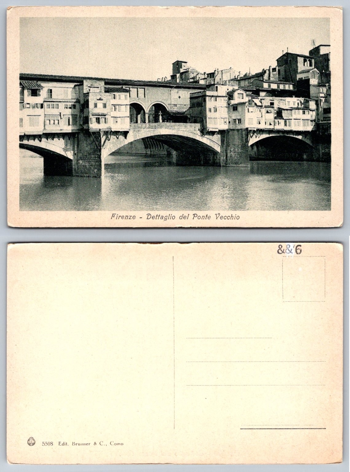 Florence Italy Ponte Vecchio Bridge Vintage Postcard Brunner & C. Como
