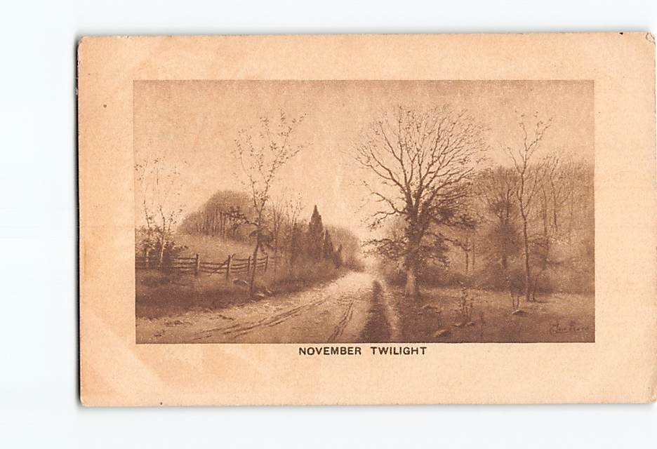 Postcard November Twilight Vintage Sepia Landscape Trees Woods Nature Road Art
