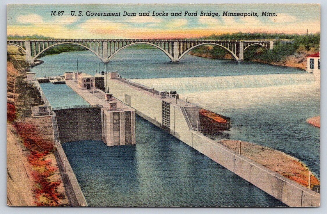 Vintage Minnesota Postcard MINNEAPOLIS Government Dam Ford Bridge