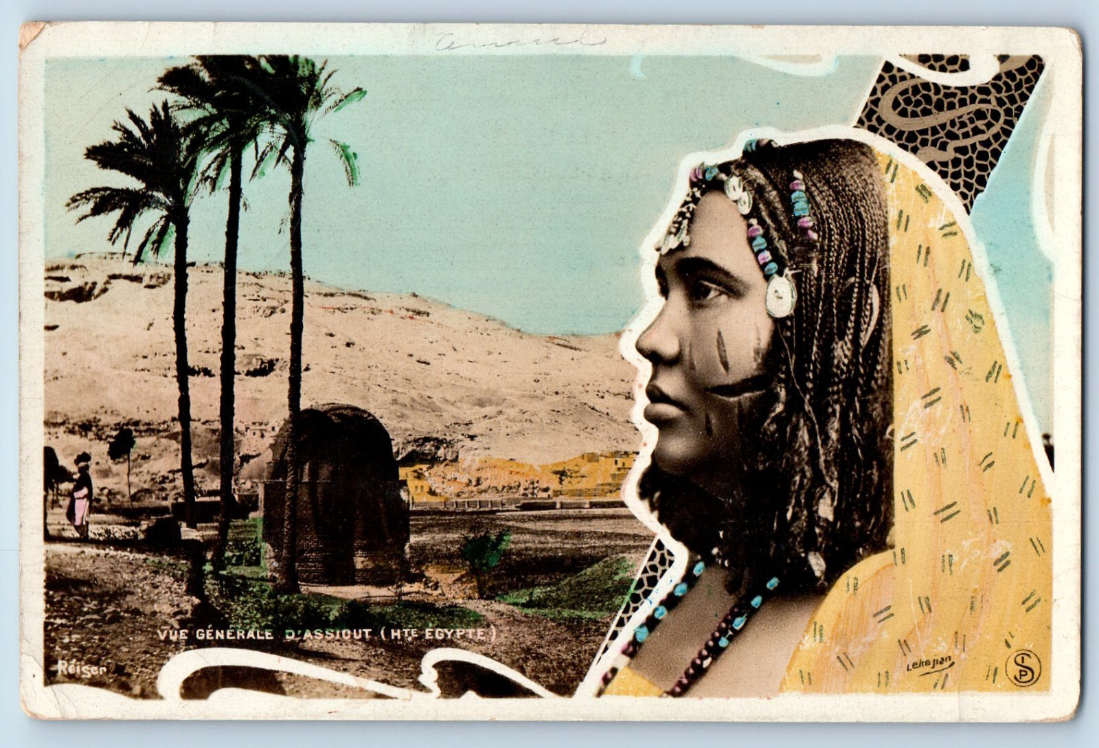 Asyut Egypt Postcard Woman and General View c1920s Antique Posted RPPC Photo