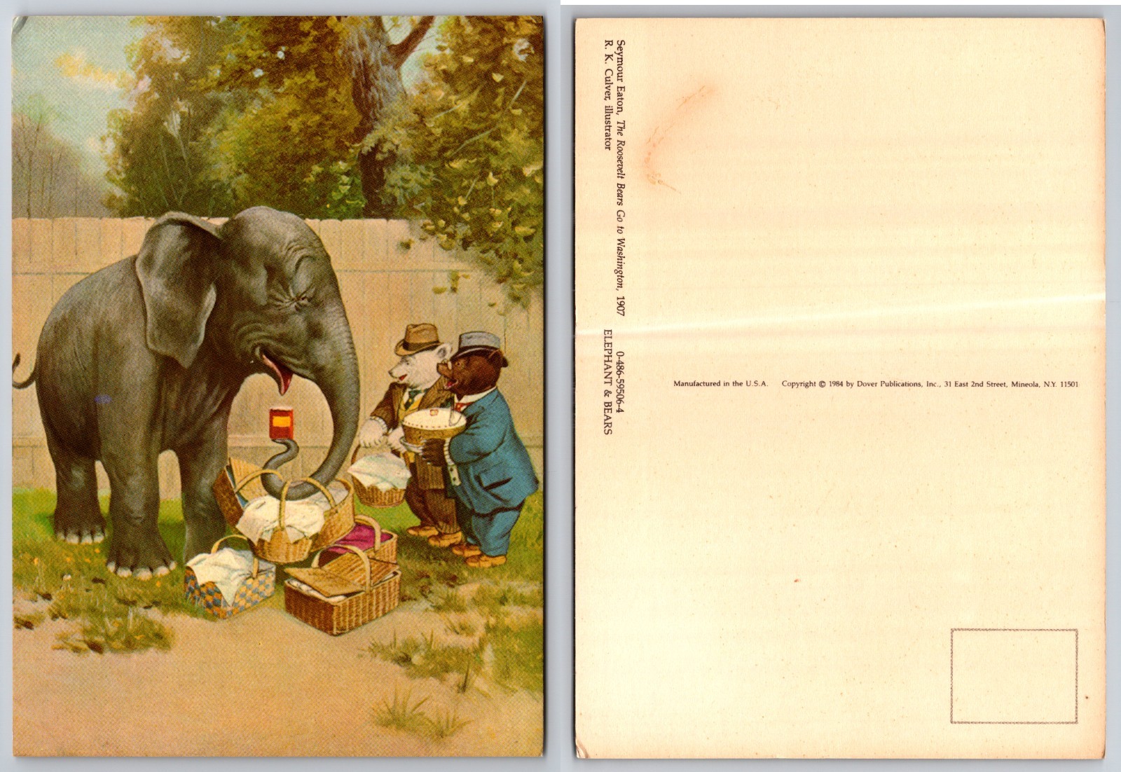 Continental Elephant Picnic Illustration Postcard