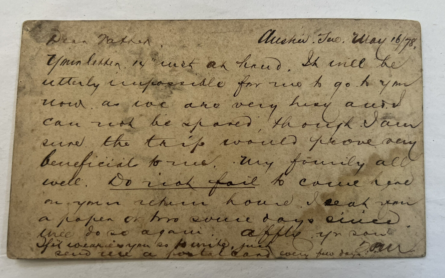United States Postal Card Postcard Posted 05/16/1878 Antique Historical