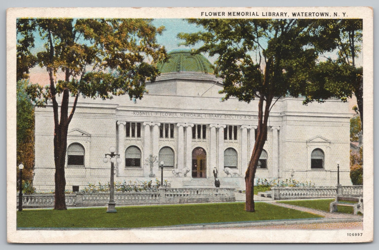 Flower Memorial Library Watertown NY Postcard Curt Teich Early 1900s UNP
