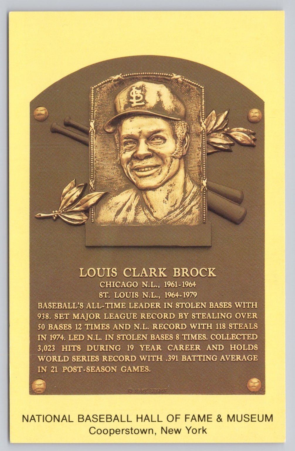 Louis Brock Baseball Hall of Fame Plaque Postcard Cooperstown NY 1985 HOF