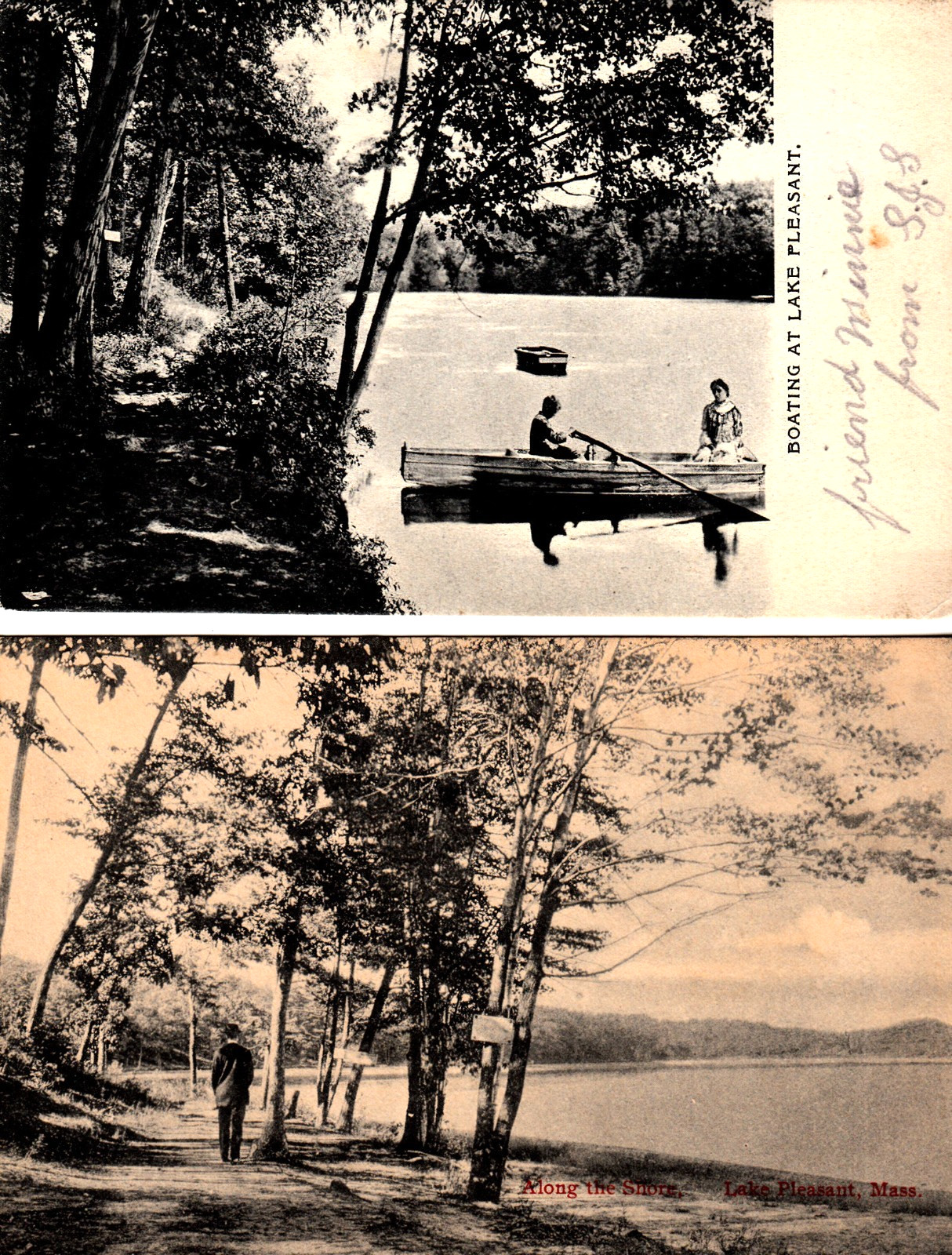Montague MA Lake Pleasant [2] Scenes Rowboats and Walking Trails c1907 Postcards