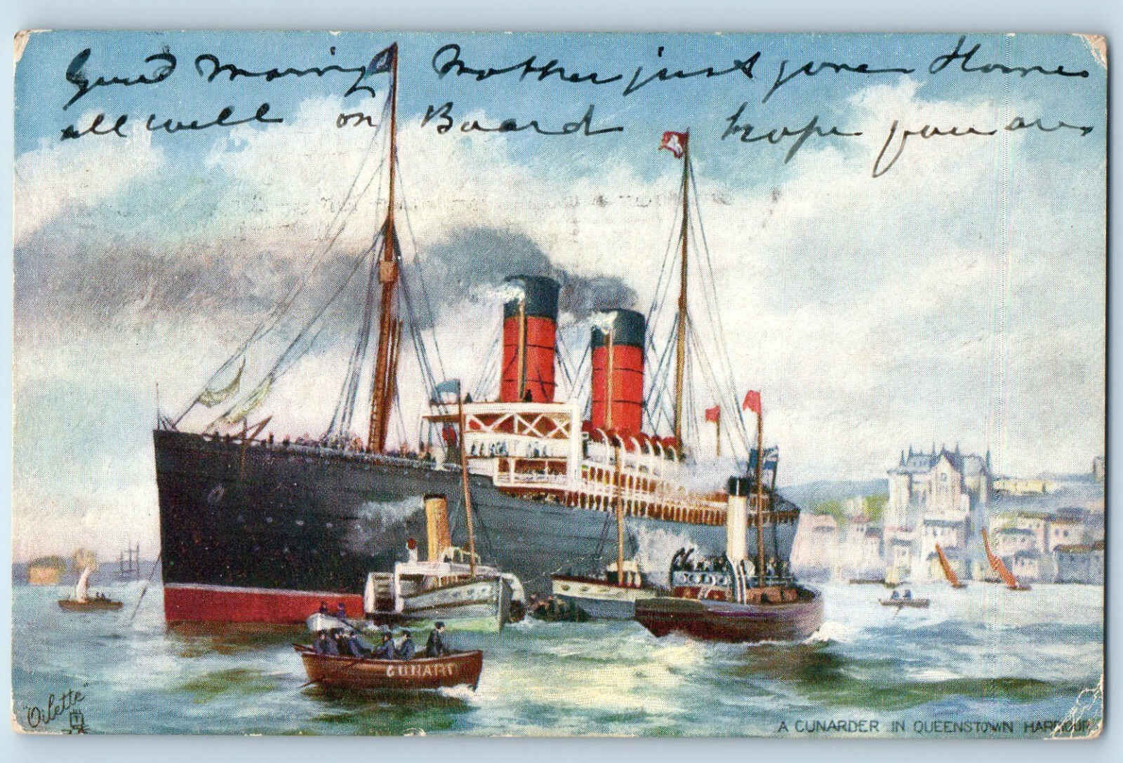 Campania Italy Postcard A Cunarder in Queenstown Harbour 1906 Oilette Tuck Art