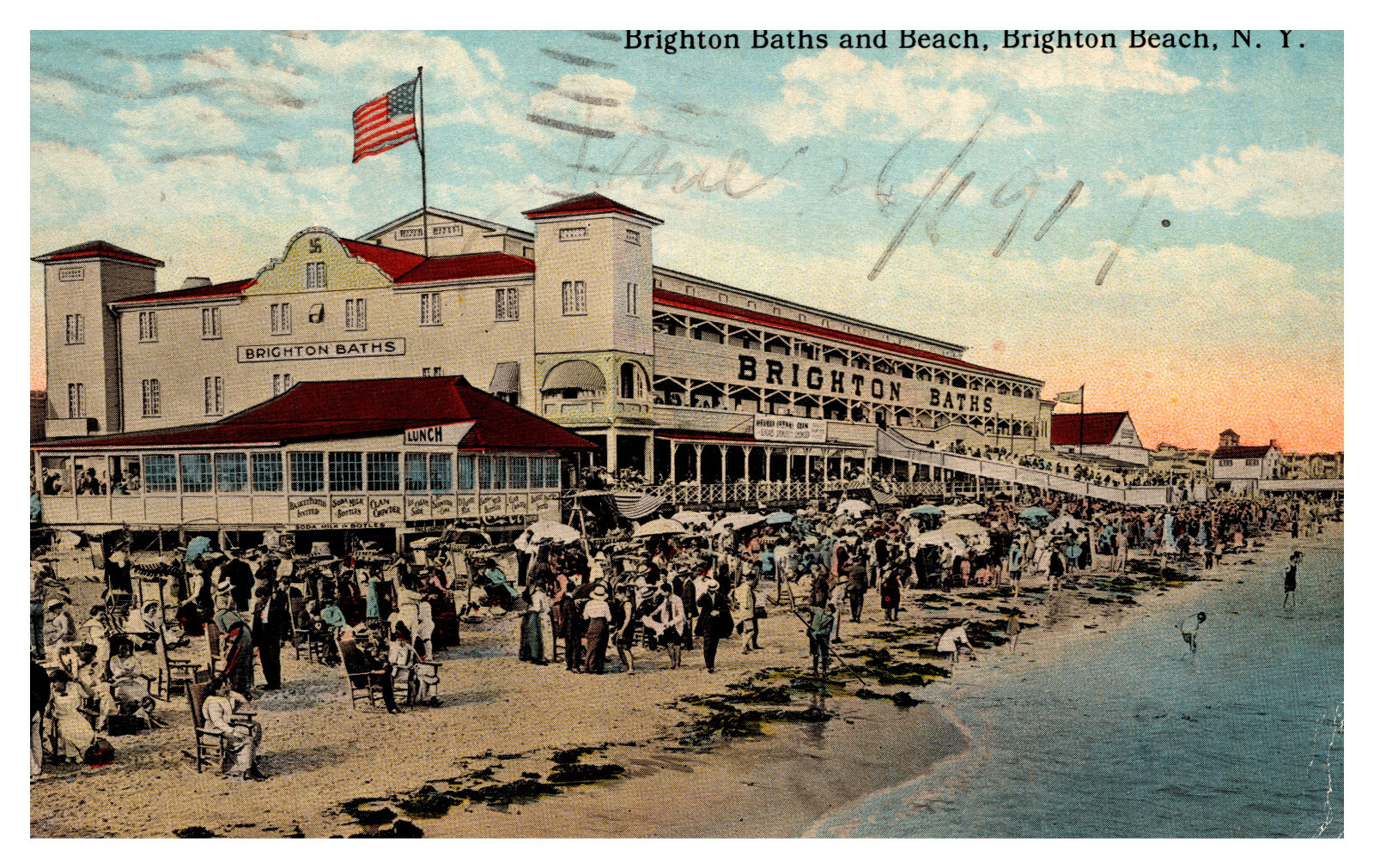Brighton Beach, NY Brighton Baths & Beach AMerican FLag Exterior View -A72