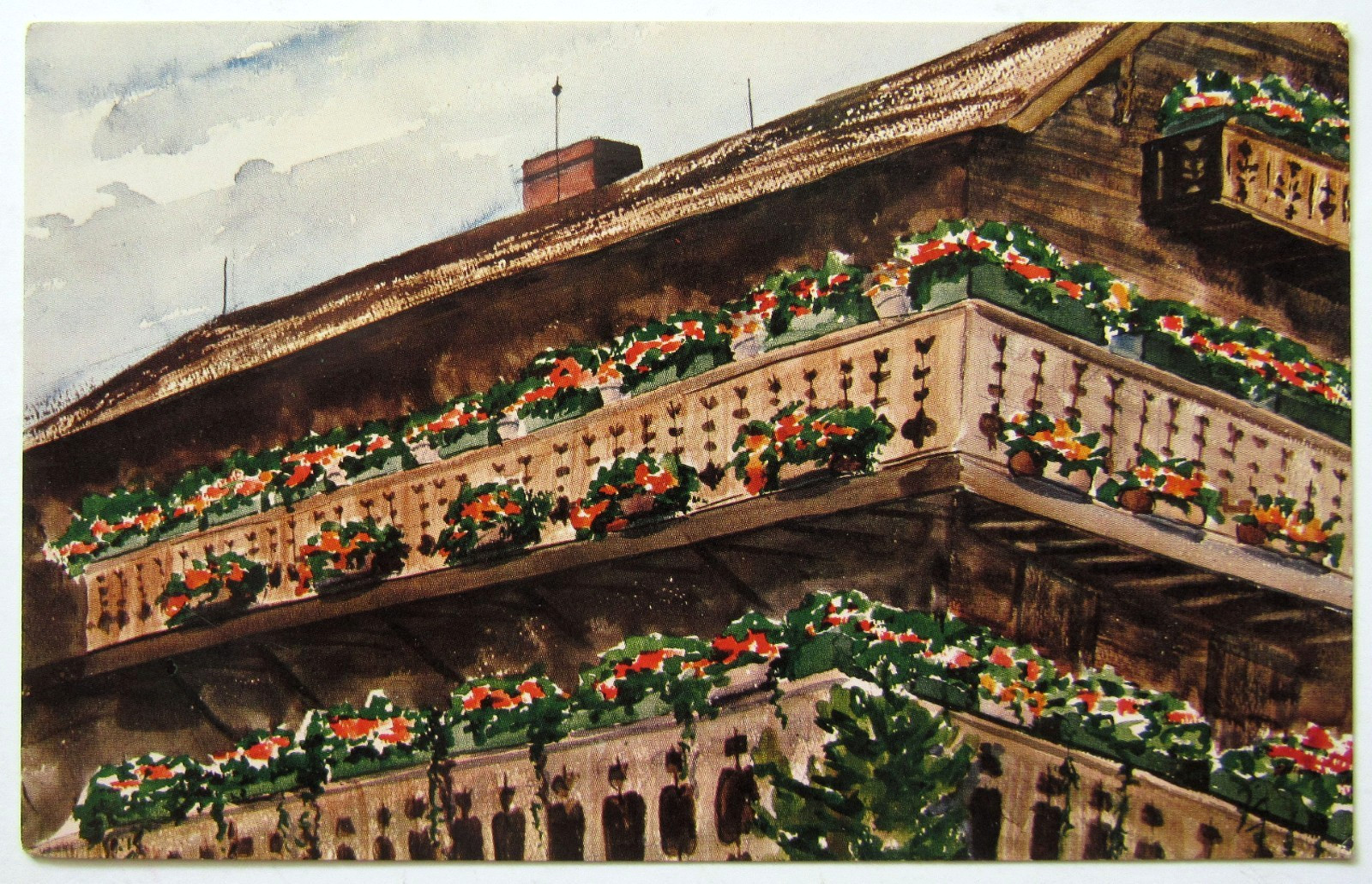 Stowe Vermont Trapp Family Lodge Window Boxes Painting Art Postcard