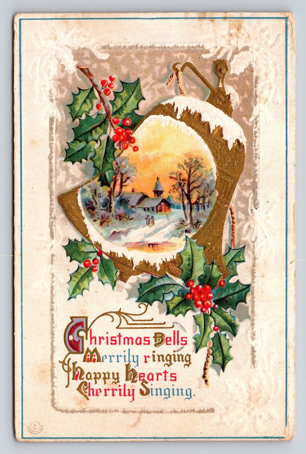 Divided Back Embossed Christmas Bells Holiday Postcard 1915 Vintage