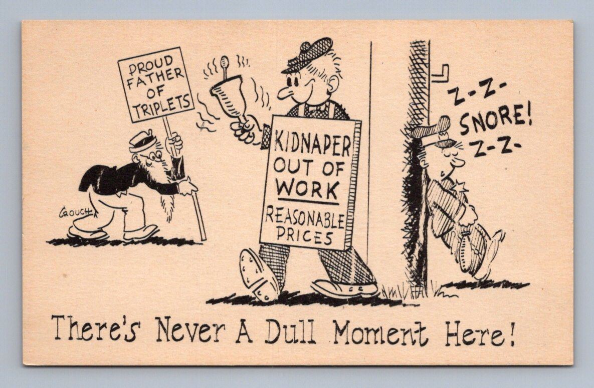 Comic cartoon kidnaper out of work father of triplets Crouch 1950s