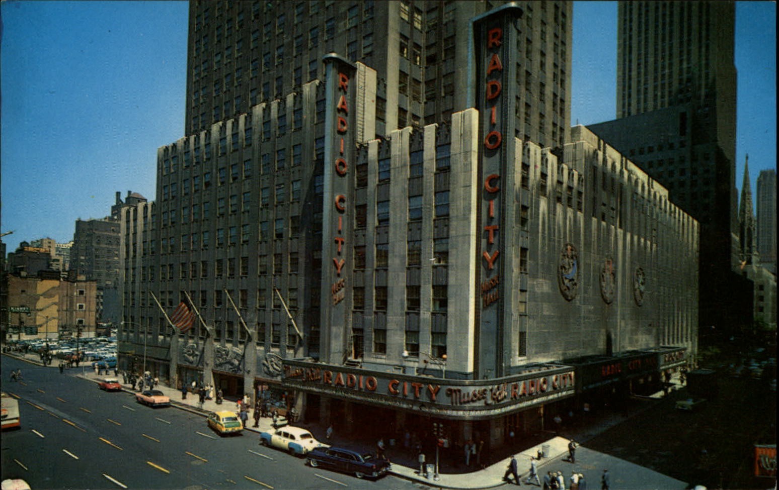 New York City New York Radio City Music Hall 1950s cars aerial vintage postcard