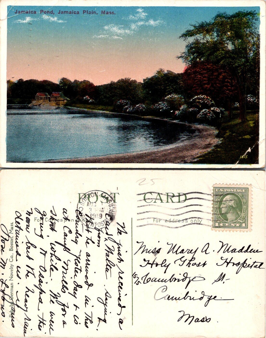 Jamaica Pond Jamaica Plain Mass Postcard Mailed 1919 Scenic Lake Shore