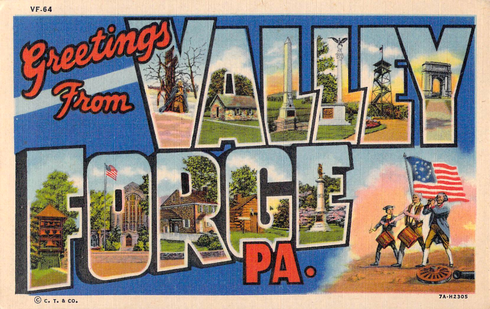 Large Letter Greetings Valley Forge PA 1937 Curt Teich Near Mint Postcard