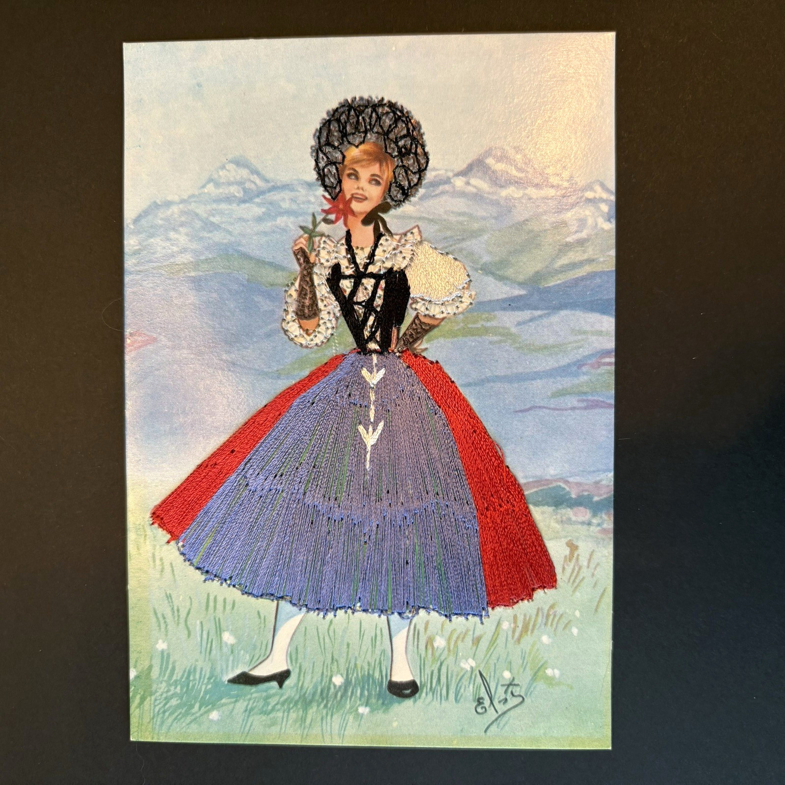 Vintage Embroidered Card of Woman Wearing Swiss National Costume Blue Red