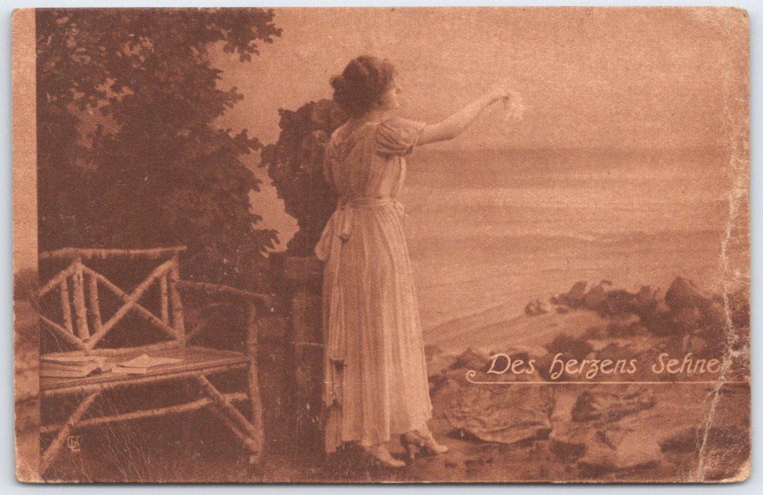 Vintage Sepia Postcard Woman by Sea “Des Herzens Sehnen” c1910