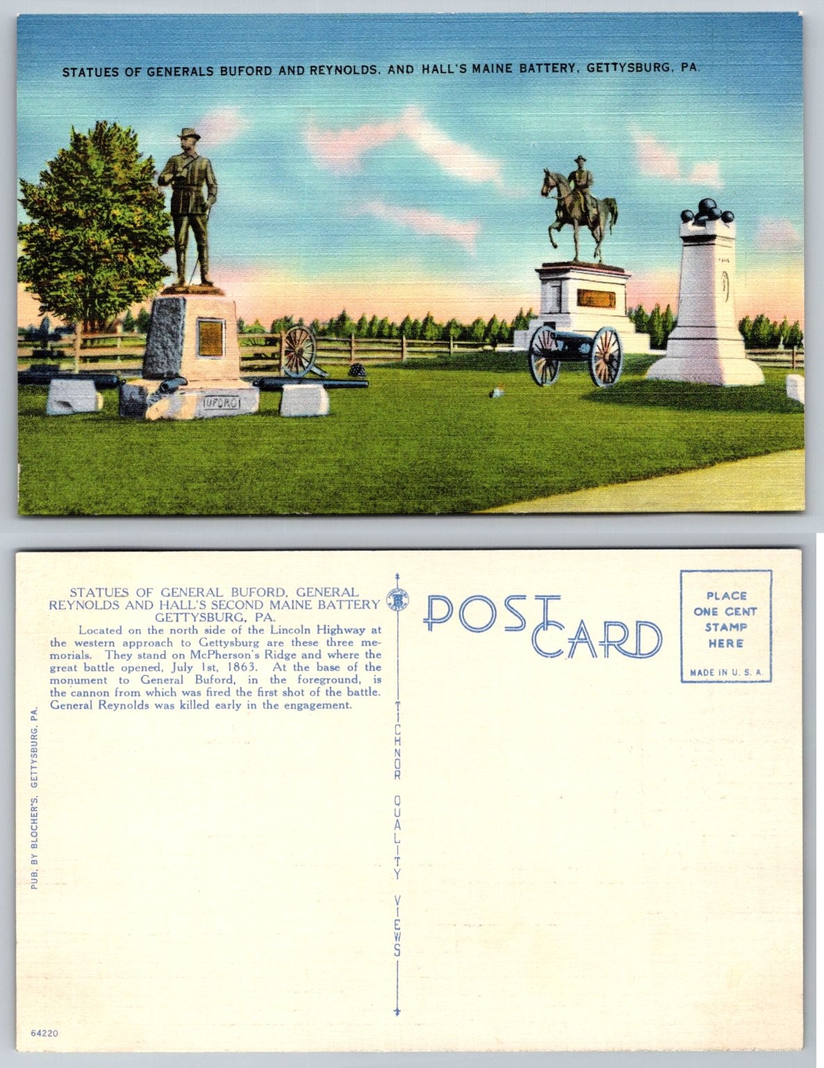Gettysburg PA Generals Buford Reynolds Hall’s Battery Linen Postcard Tichnor