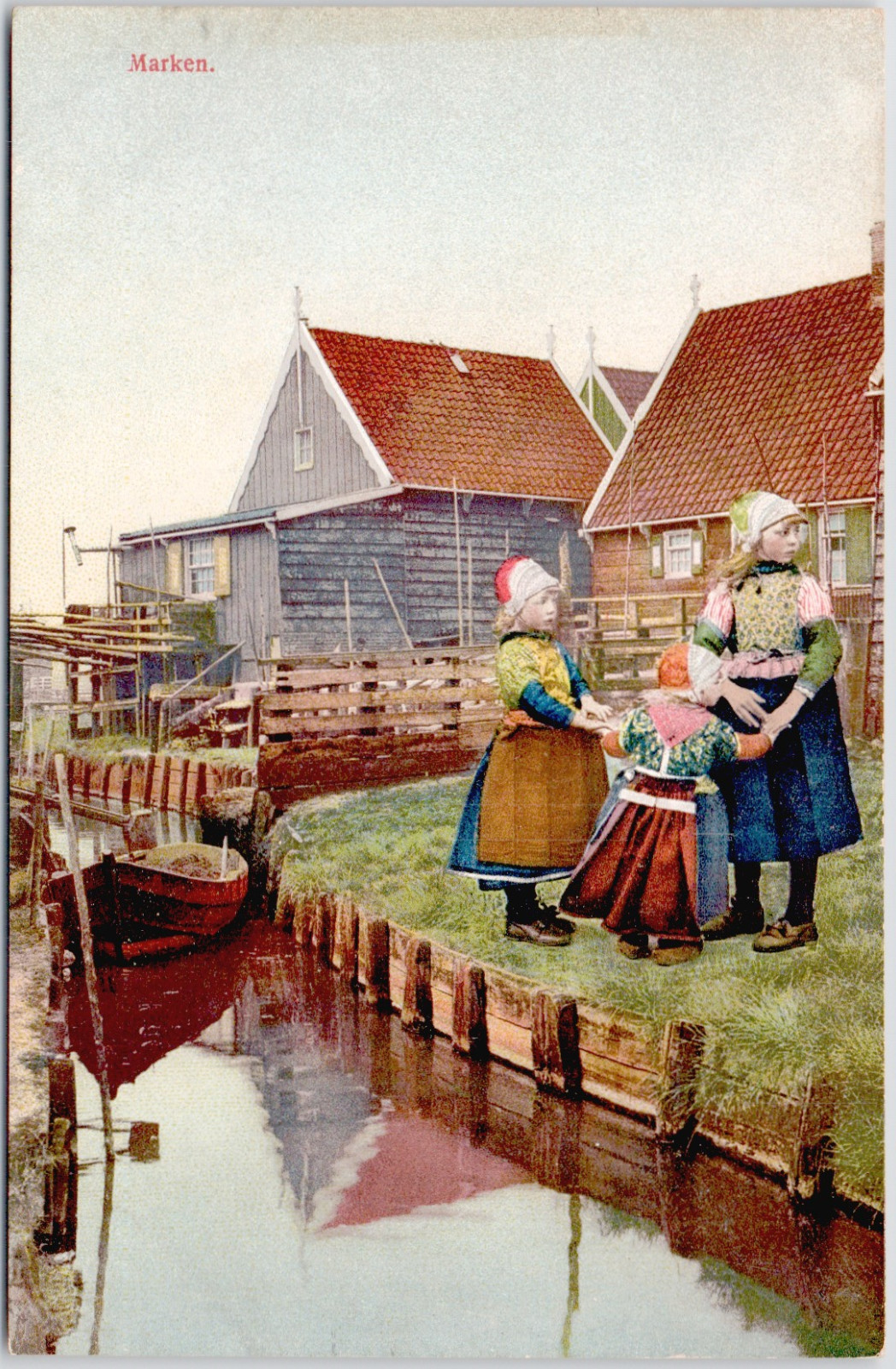 Netherlands Marken 1910 Young Girls Folk Attire Dutch Canal Waterfront Postcard
