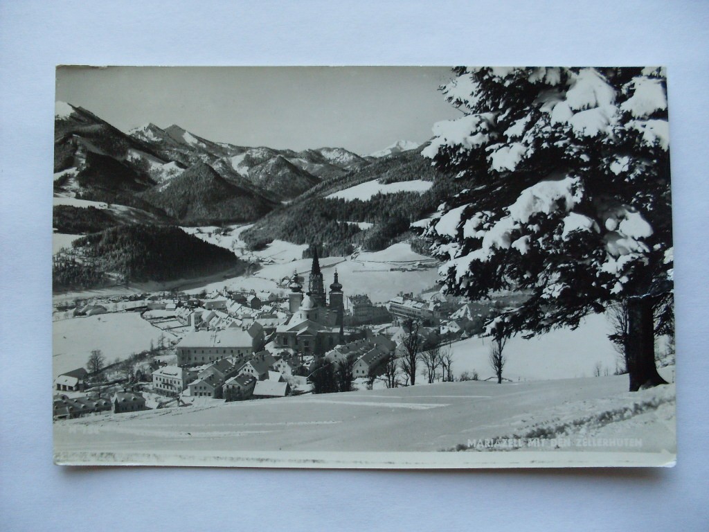 1959 rppc BIRDS-EYE AERIAL VIEW town of Mariazell Styria Austria Postcard y6565