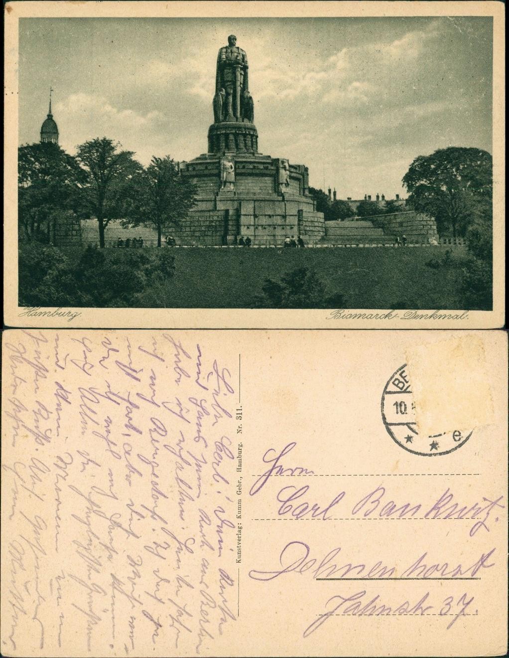 Postcard St. Pauli Hamburg Bismarck Monument 1910