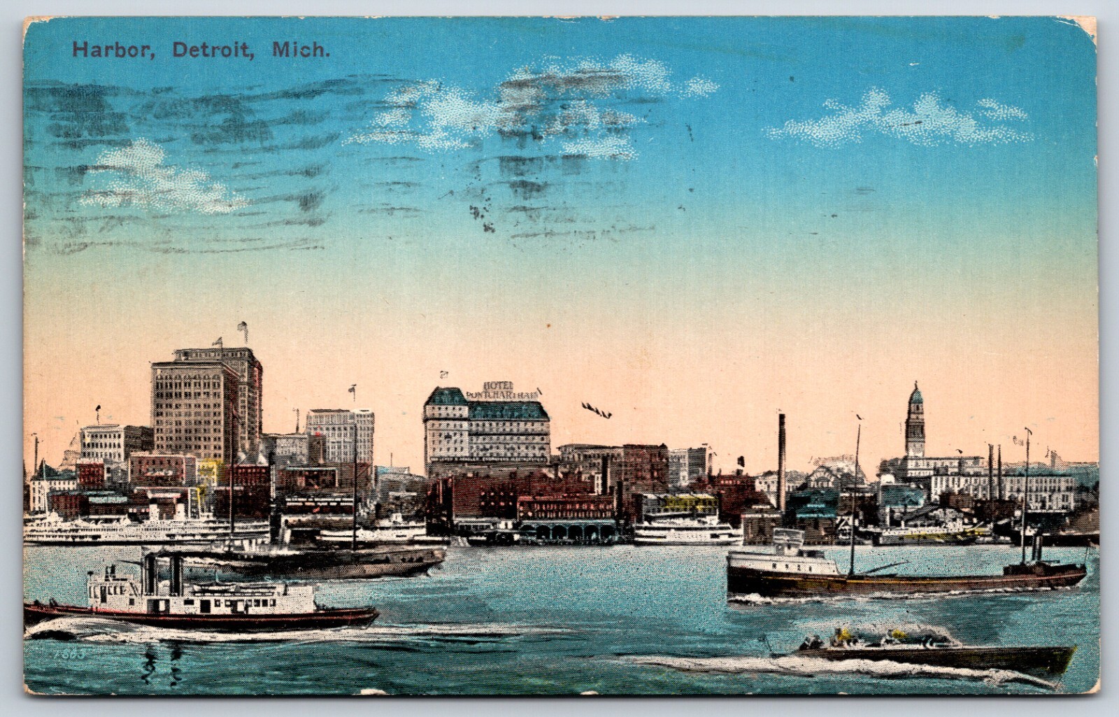 Postcard Harbor, Steamers & Boats, Detroit Michigan Posted 1915