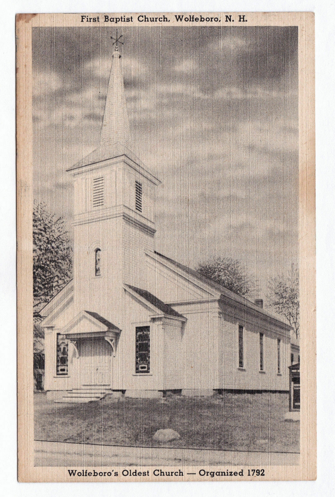 1930-1945 Wolfeboro NH Postcard First Baptist Church Oldest Organized 1792 Linen