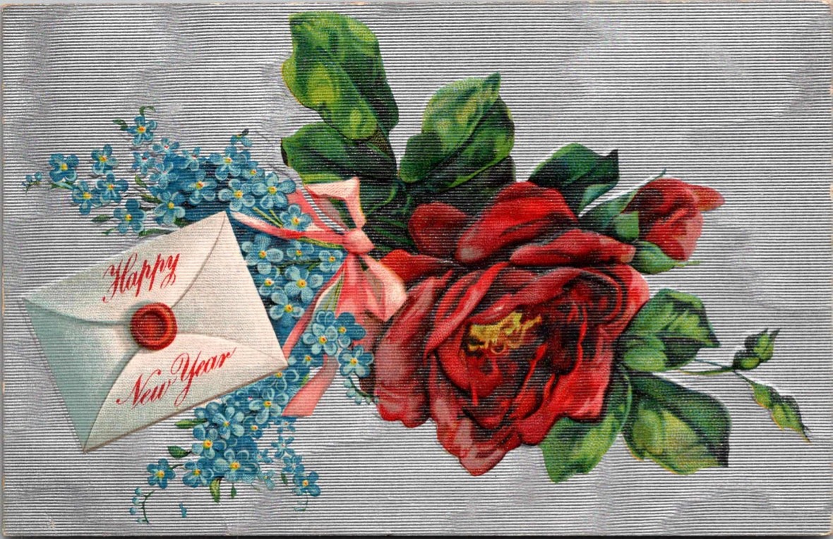 Happy New Year Envelope Red Roses Blue Flowers Postcard 1909