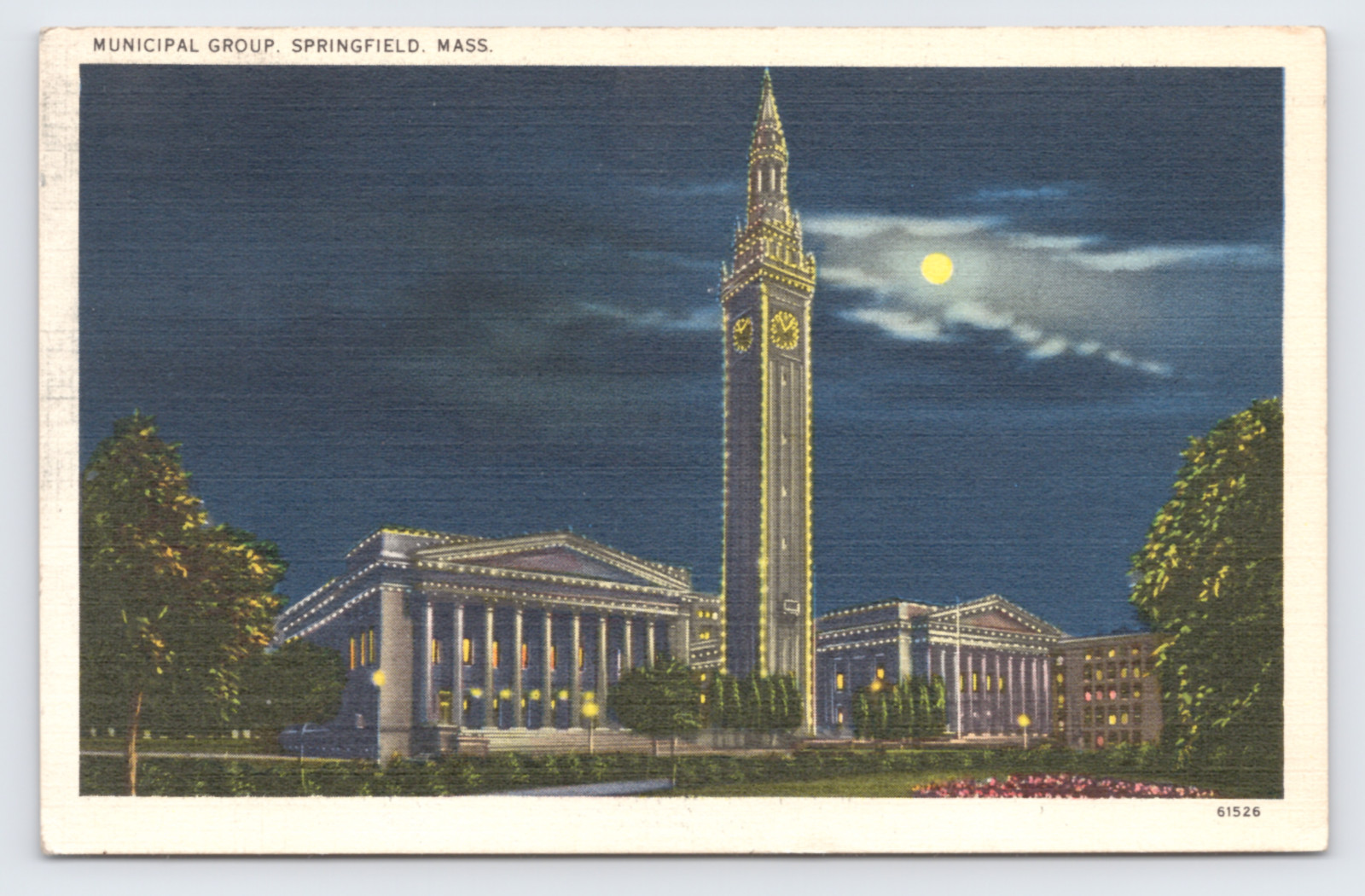 c1930 Night View Municipal Group Springfield MA Postcard Metro Clock Tower Moon