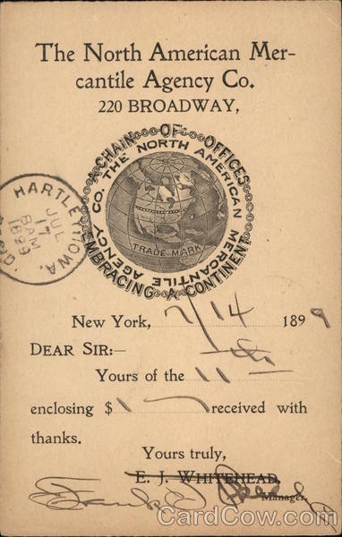New York City, NY The North American Mercantile Agency Co. 1899 Antique Postcard