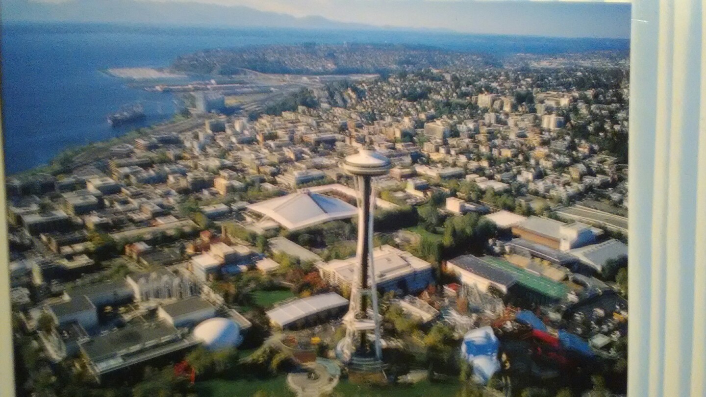 BRIGHT AIR VIEW PHOTO POST CARD OVER THE CITY OF SEATTLE WASHINGTON
