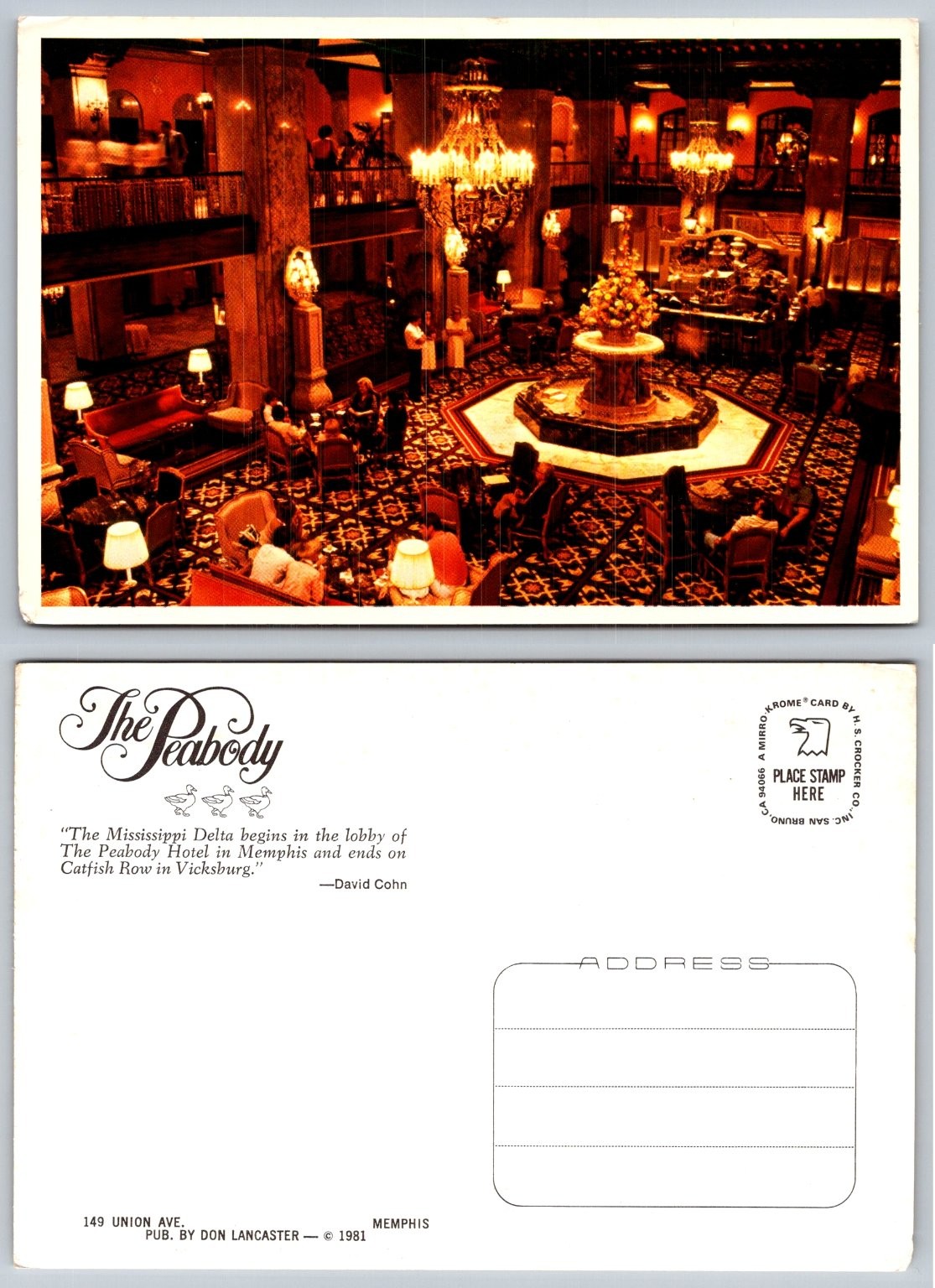 Peabody Hotel Memphis TN Lobby Mirro-Krome Postcard 1981 Ducks Fountain