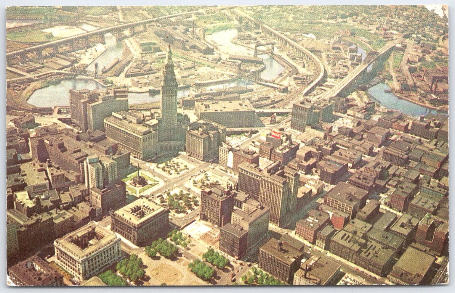 Vintage Aerial Postcard Downtown Cleveland Ohio Terminal Tower