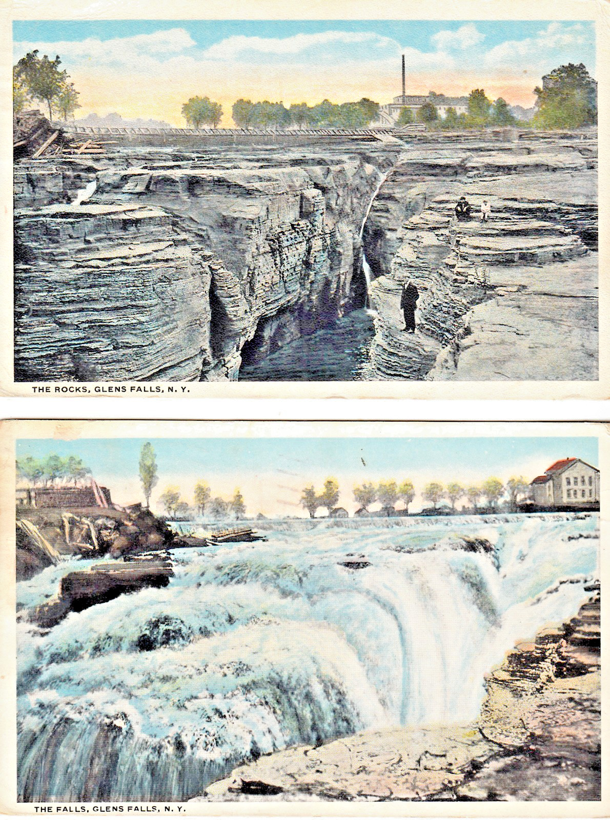 Glen Falls NY [2] The Falls and The Rocks both c1918 Postcards