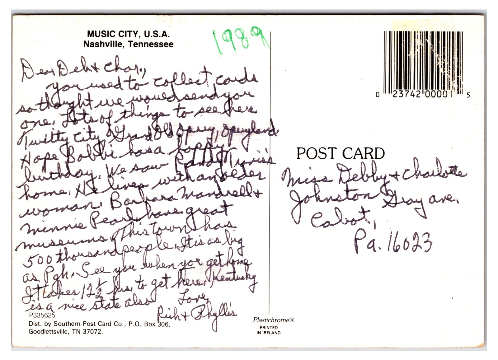 Vintage 1980s – Music City U.S.A. – Nashville, Tennessee Postcard (Posted 1989)
