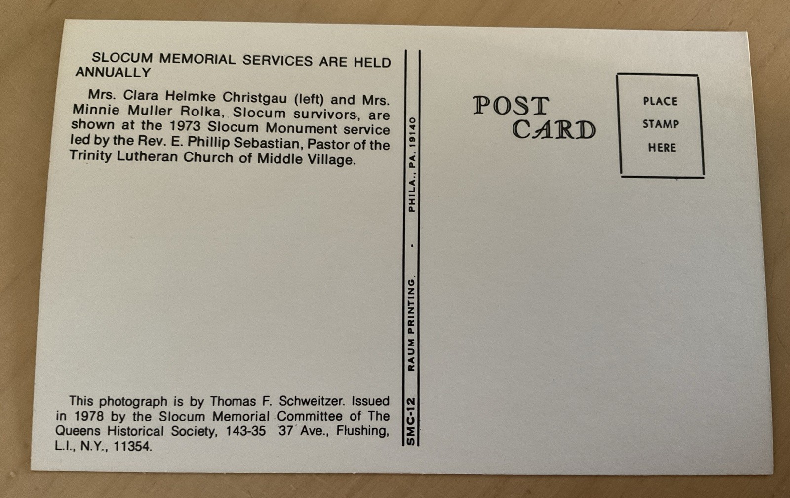 Queens Historical Society Postcard General Slocum Memorial Service 1978 SMC-12