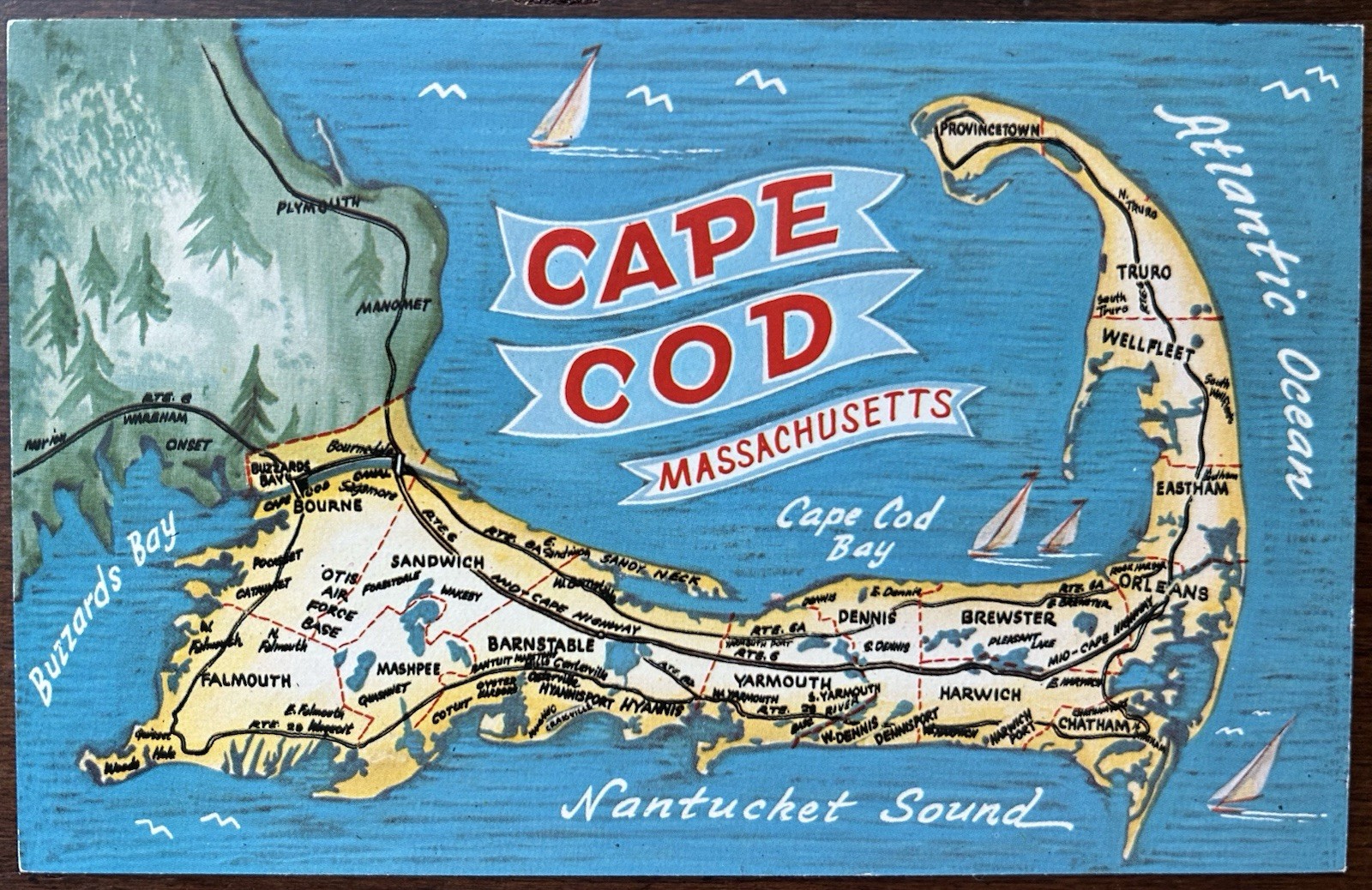 CAPE COD MA MASS~Map of 15 Towns~Cape Cod is Unique~1960’s Unused Postcard