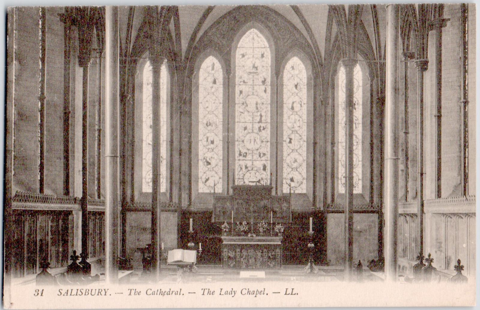 UK England Wiltshire Salisbury Cathedral Lady Chapel Stained Glass Altar 1910 PC