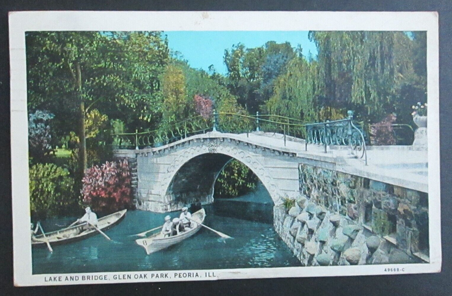 Lake & Bridge Glen Oak Park Peoria IL Posted Pre Linen Postcard