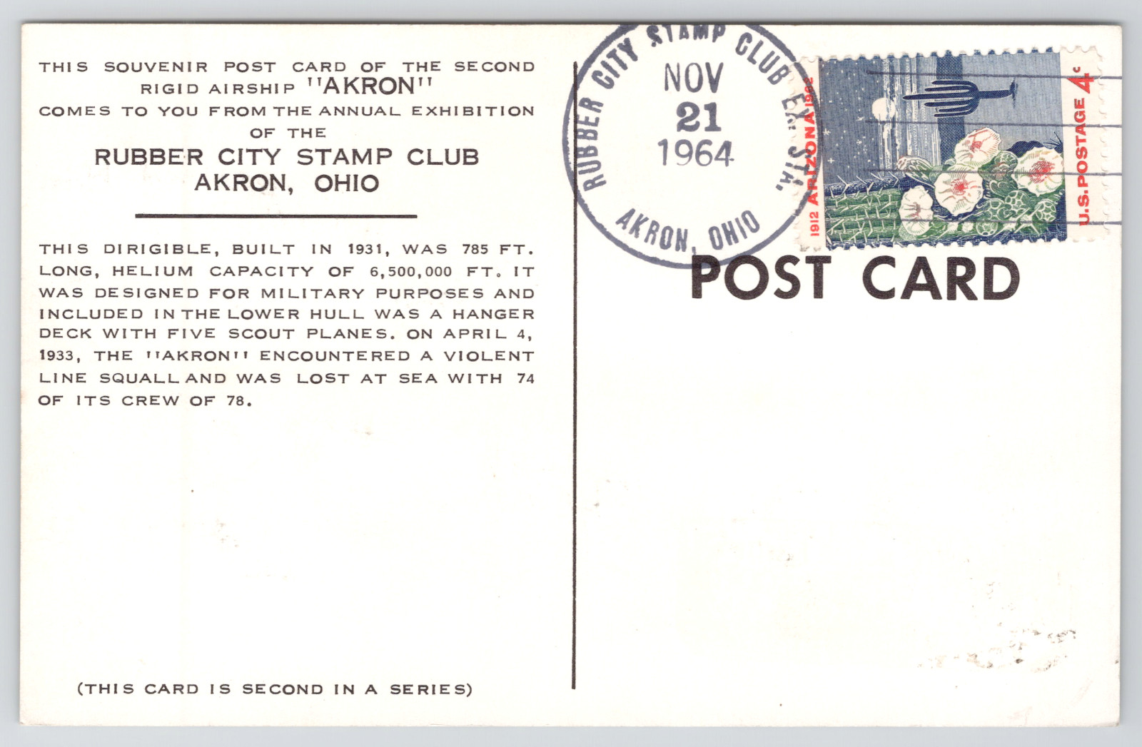 Postcard ZRS-4 USS Akron Lighter than Air Airship Rubber City Stamp Club Ohio