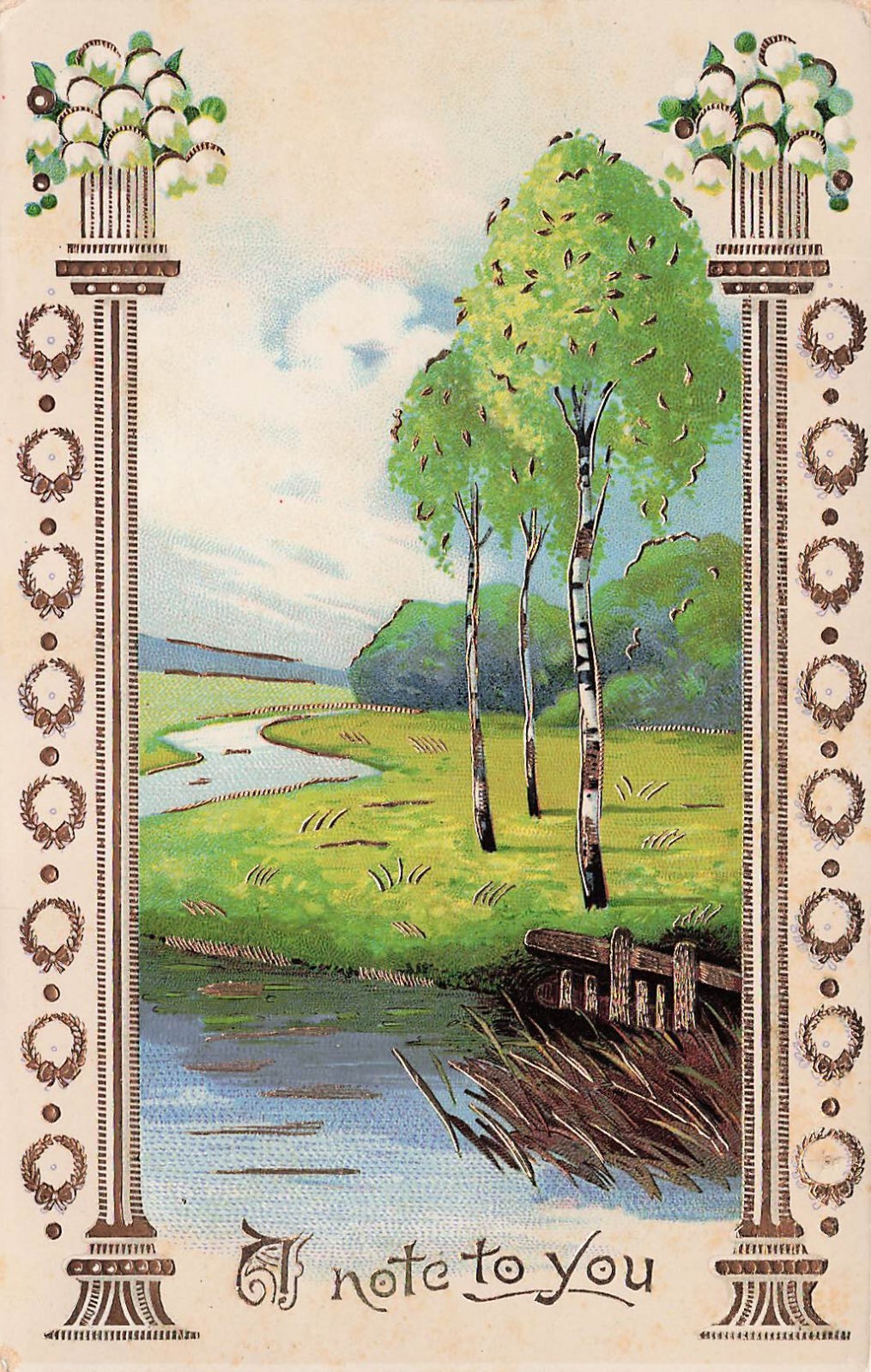 Art Nouveau Landscape Birch Trees Lake Ornate Columns Antique Vtg Postcard J54