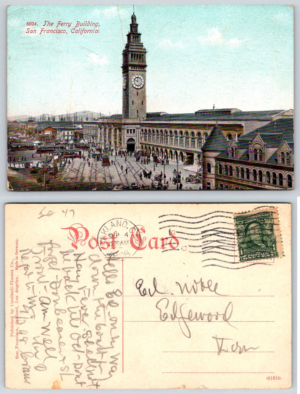 San Francisco California FERRY BUILDING TROLLEYS Postcard T400 w/ center crease
