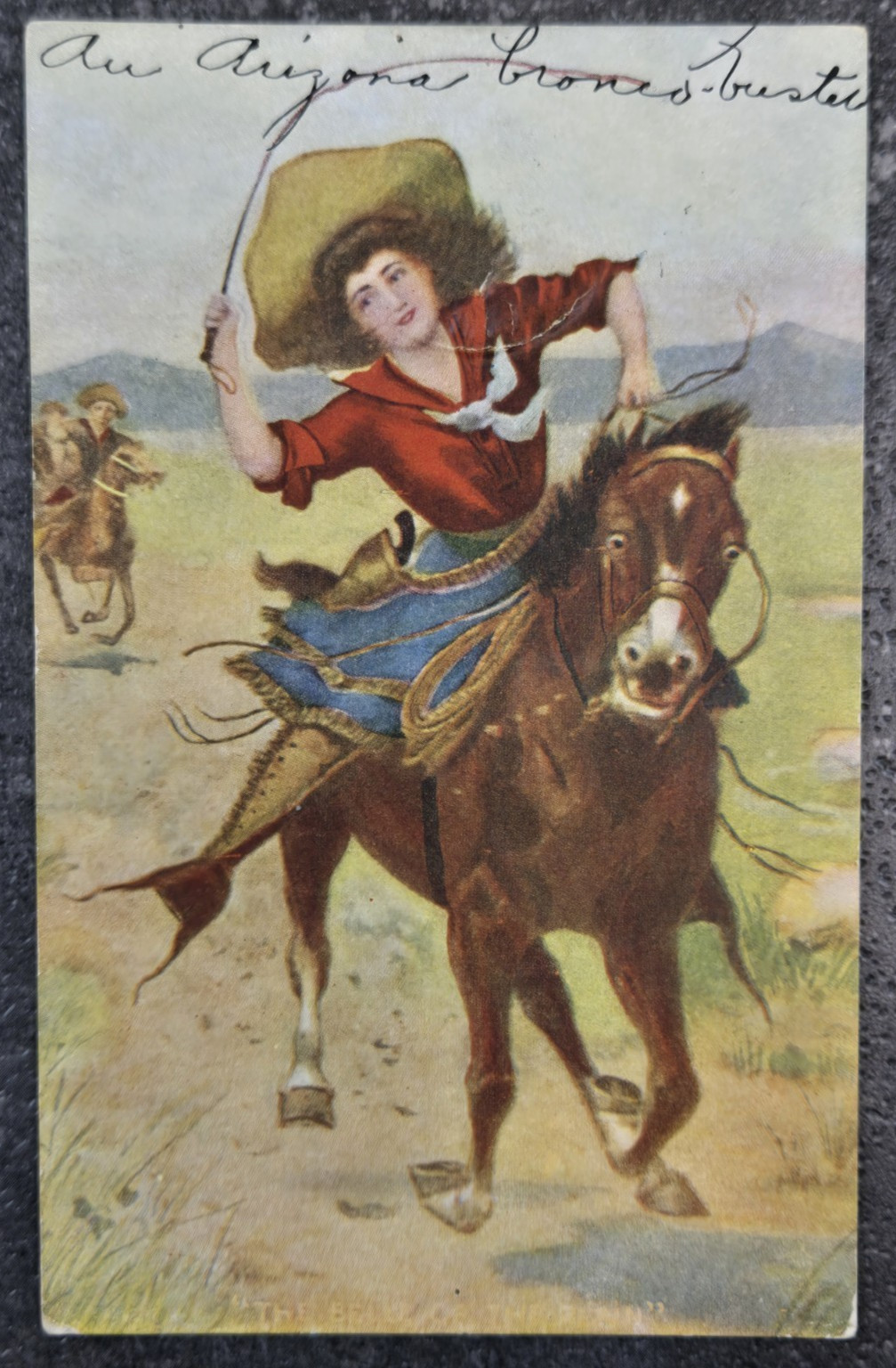 Vintage 1907 Color Postcard Fashion Dress Beautiful Woman Model Cowboy on Horse