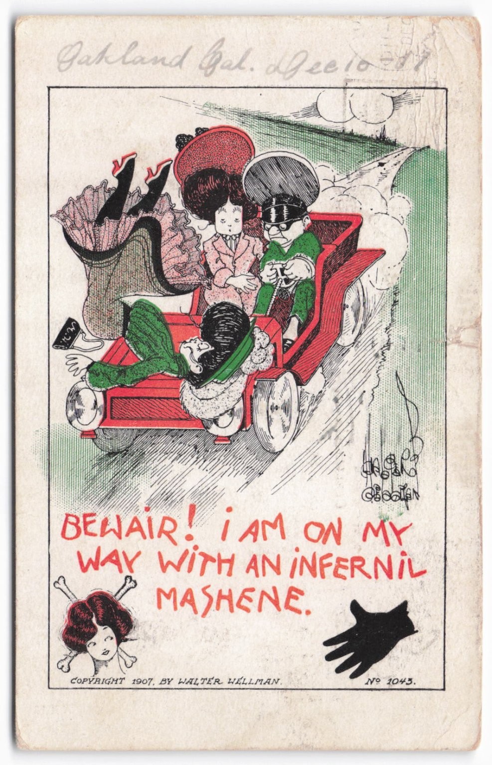 VTG 1907 Comic Postcard “Infernil Mashene” Early Car Black Hand Oakland CA