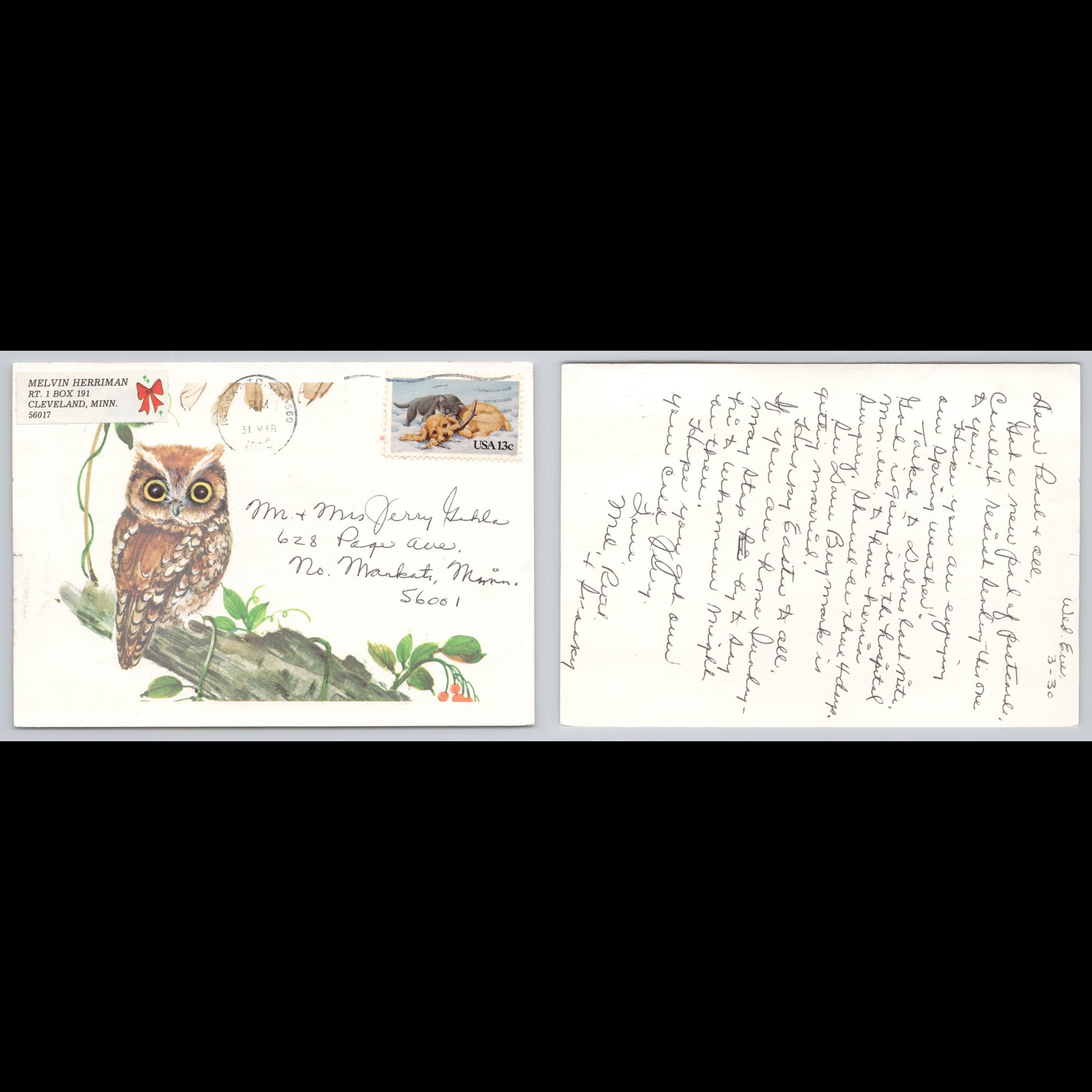 Vintage Owl Postcard Cleveland Minnesota 1975 Posted Scenic Collectible View