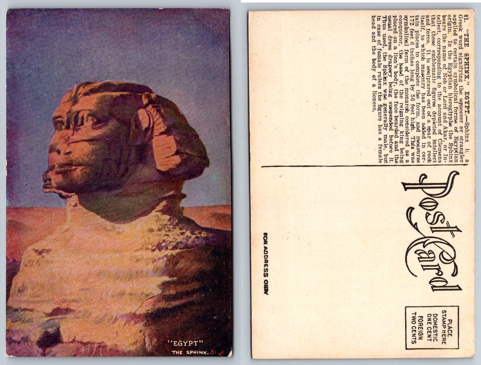 Vintage Great Sphinx Egypt Postcard Ancient Wonder Giza Landmark